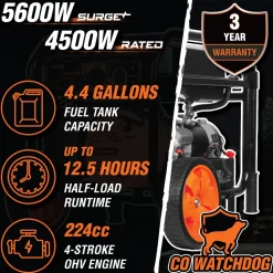 WEN GN5602X 5,600-Watt Portable Generator with Wheel Kit, Electric Start, 224cc, Transfer-Switch, RV-Ready, and CO Watchdog
