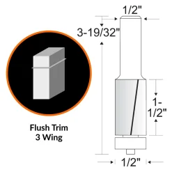 WEN RB502FW 1/2 in. Flush Trim 3-Wing Carbide-Tipped Router Bit with 1/2 in. Shank