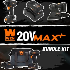 WEN 20V Cordless Impact Driver, Sander, and Impact Wrench Bundle with Two Batteries, Two Chargers, and Tool Bag