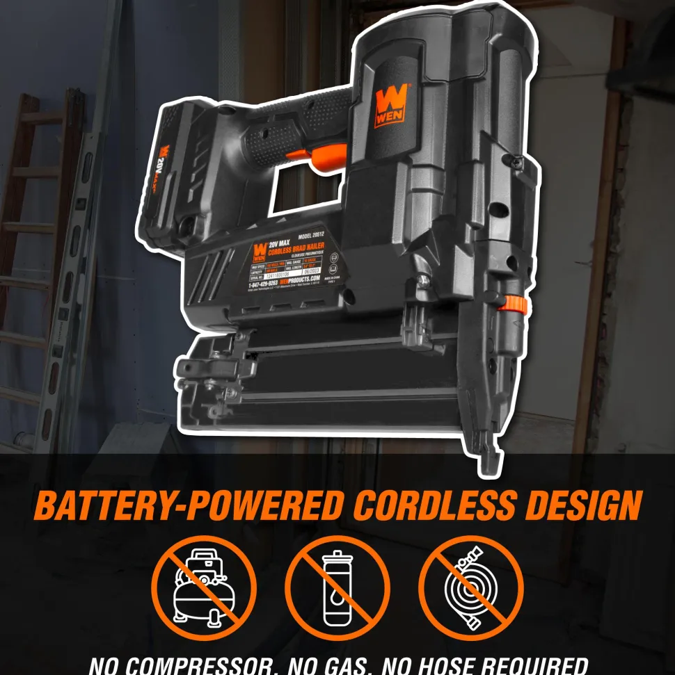 WEN 20512 20V Max Cordless 18-Gauge Brad Nailer with 2.0Ah Battery and Charger