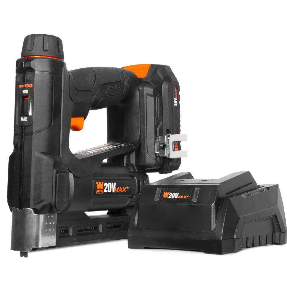 WEN 20539 20V Max Cordless 2-in-1 18-Gauge Brad Nailer and T50 Crown Stapler with 2.0Ah Battery and Charger