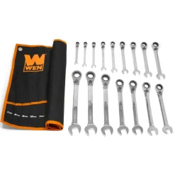 WEN WR162 16-Piece Professional-Grade Reversible Ratcheting Metric Combination Wrench Set with Storage Pouch